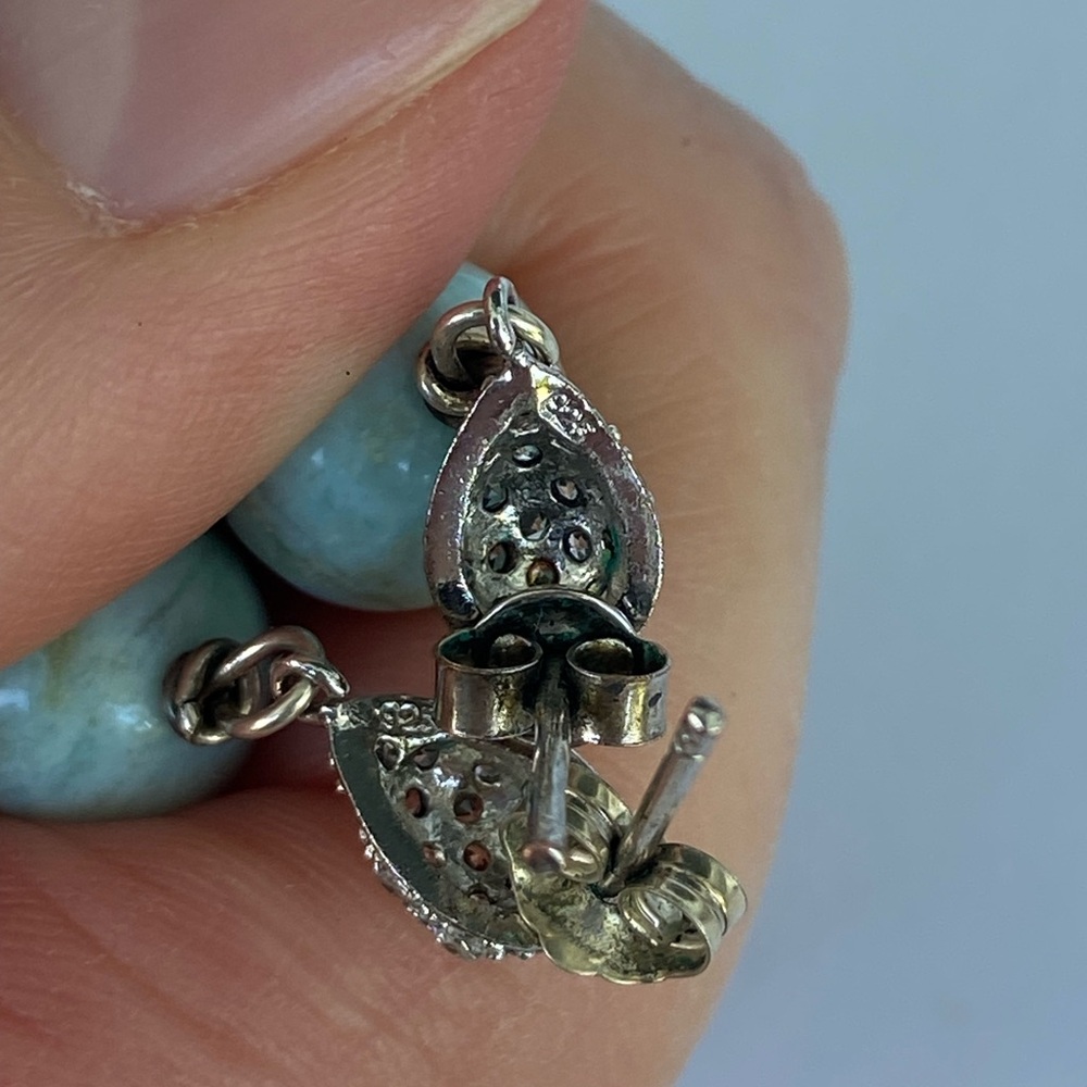 Vintage Larimar and 925 sterling earrings, Cubic Zirconia CZ teardrop post back - Picture 5 of 6